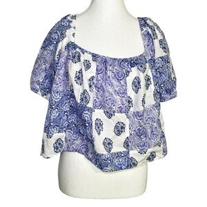 J. Crew Blue and White Patchwork Cropped Peasant Blouse